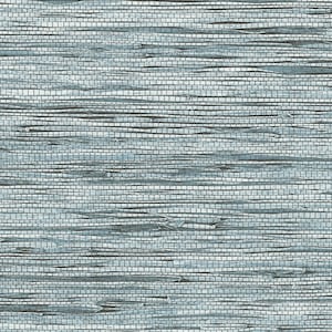 May include: A close-up of a woven wallcovering with a blue and gray color scheme. The texture is reminiscent of natural fibers, creating a rustic and organic look.