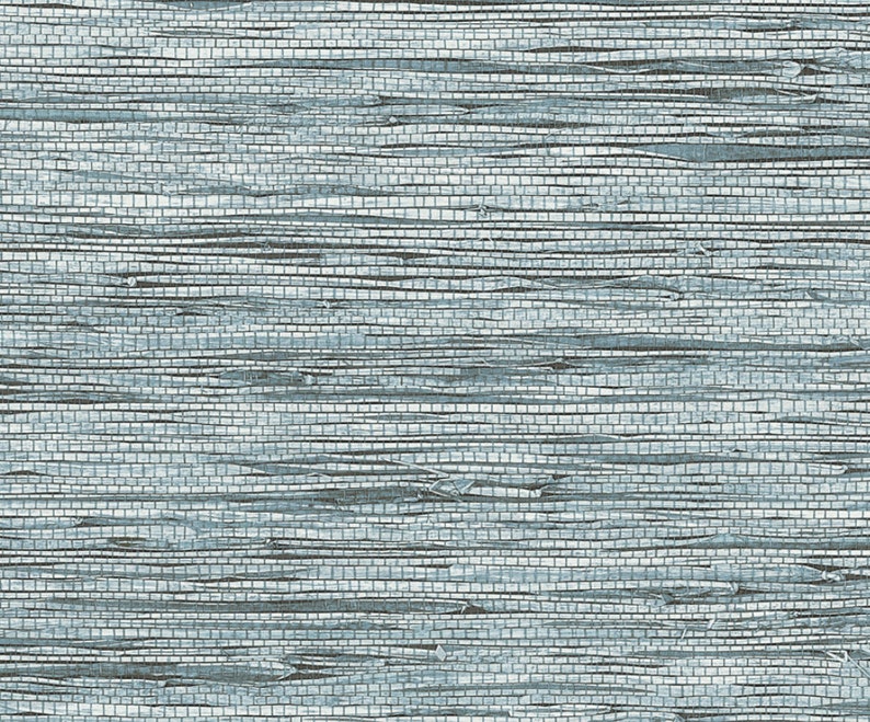 May include: A close-up of a woven wallcovering with a blue and gray color scheme. The texture is reminiscent of natural fibers, creating a rustic and organic look.