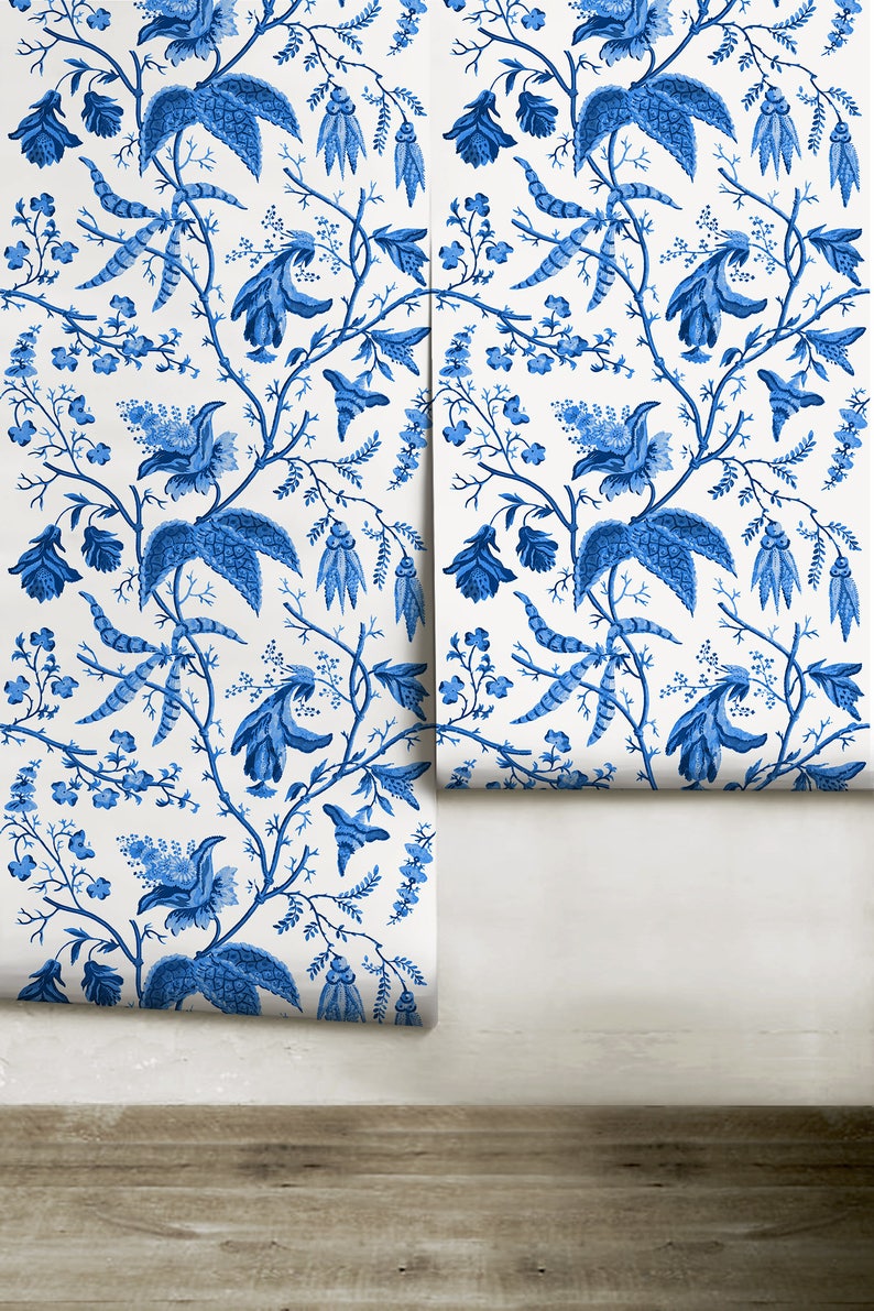 Chinoise Blue Peel 'n Stick or Traditional Wallpaper Custom Colors Made in the USA Vinyl-Free Non-toxic image 3