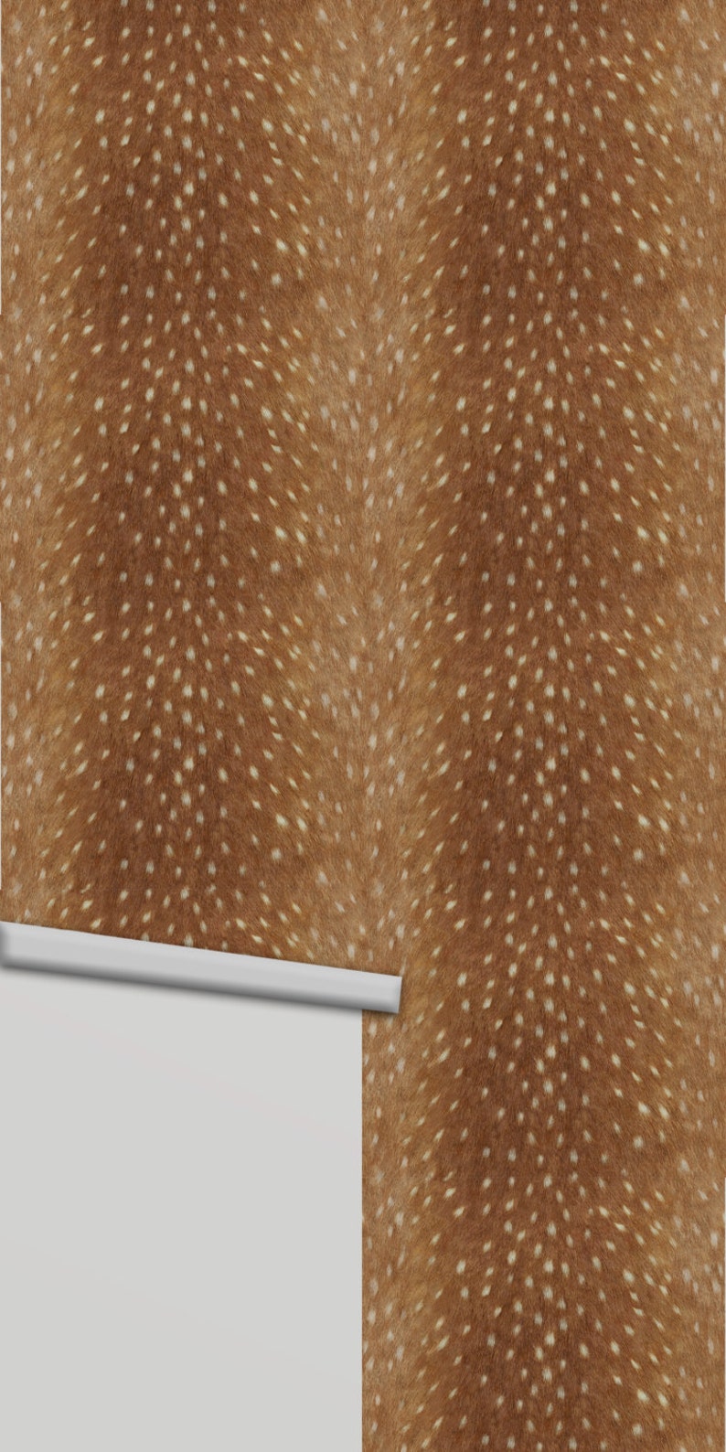 May include: A brown and white patterned wallpaper with a repeating pattern of small white dots on a brown background. The wallpaper is shown rolled up, with a white edge visible.