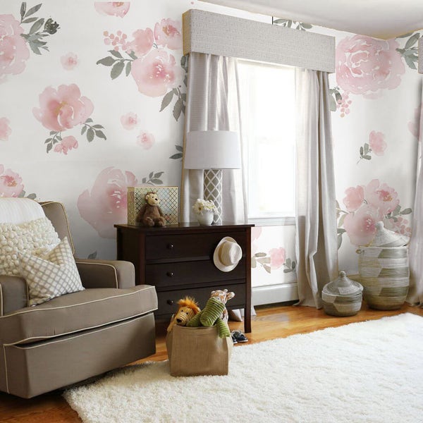 Soft Pink Pastel Floral Wallpaper || Mural || Traditional or Removable • Vinyl-Free •  Non-toxic