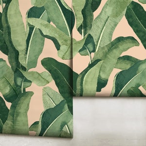May include: A close-up of a wallpaper roll with a tropical leaf pattern. The leaves are green and the background is a light peach color.