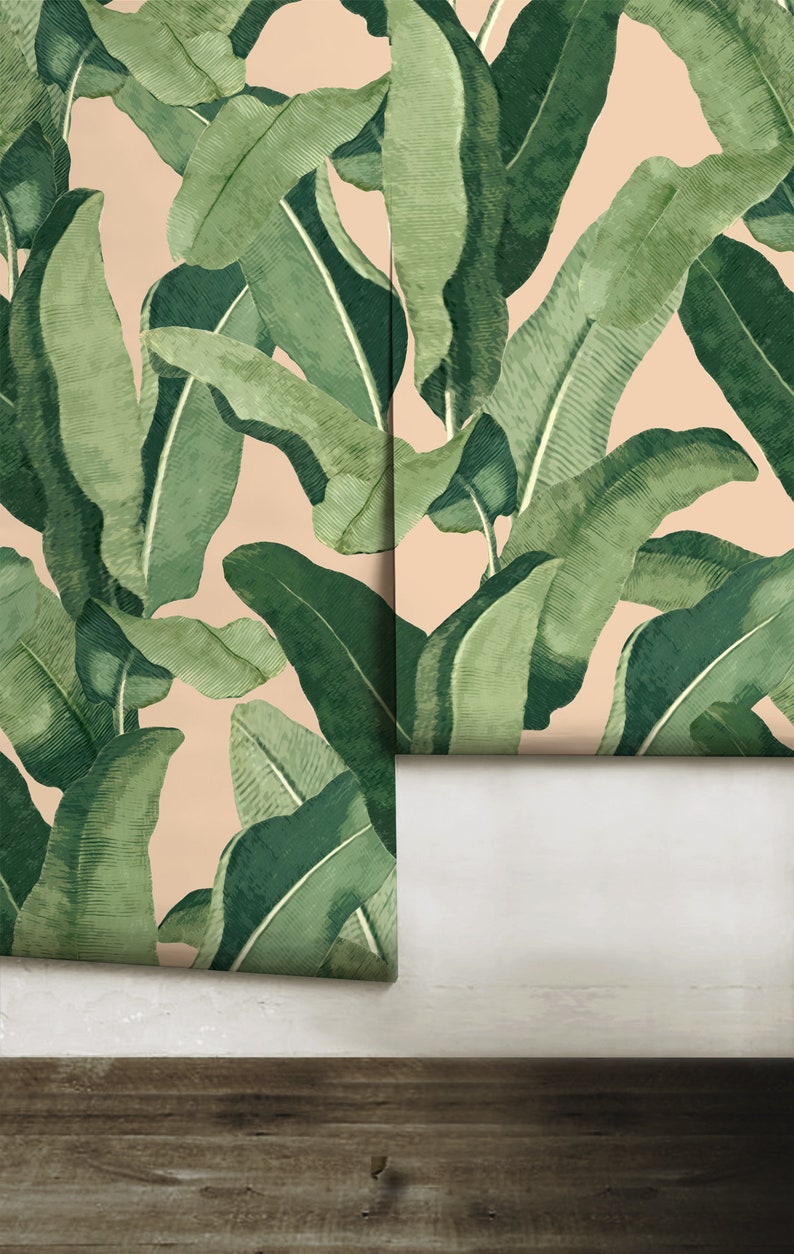 May include: A close-up of a wallpaper roll with a tropical leaf pattern. The leaves are green and the background is a light peach color.