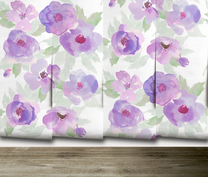 May include: A seamless pattern of watercolour purple flowers on a white background. The flowers are in various shades of purple and pink, with some having a more defined centre.