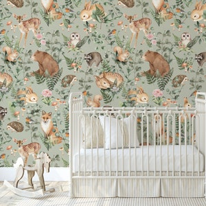 Woodland Storybook Sage Mural |  Peel 'n Stick or PrePasted Wallpaper• Vinyl-Free •  Non-toxic