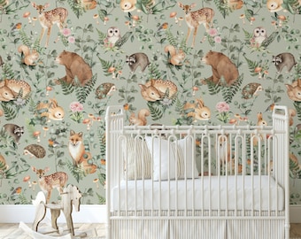 Woodland Storybook Sage Mural |  Peel 'n Stick or PrePasted Wallpaper• Vinyl-Free •  Non-toxic