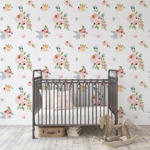Lucy Papier peint || Fleurs peintes à la main || Traditionnel ou amovible • Sans vinyle • Non toxique