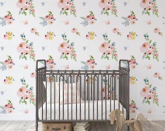 Lucy Wallpaper || Hand Painted  Flowers || Traditional or Removable • Vinyl-Free •  Non-toxic