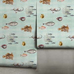Curious Fish Removable | Neutral Green | Peel &#39;n Stick or Traditional Wallpaper | Custom Colors | Made in the USA • Vinyl-Free •  Non-toxic
