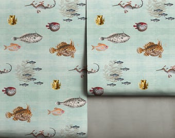 Curious Fish Removable | Neutral Green | Peel 'n Stick or Traditional Wallpaper | Custom Colors | Made in the USA • Vinyl-Free •  Non-toxic