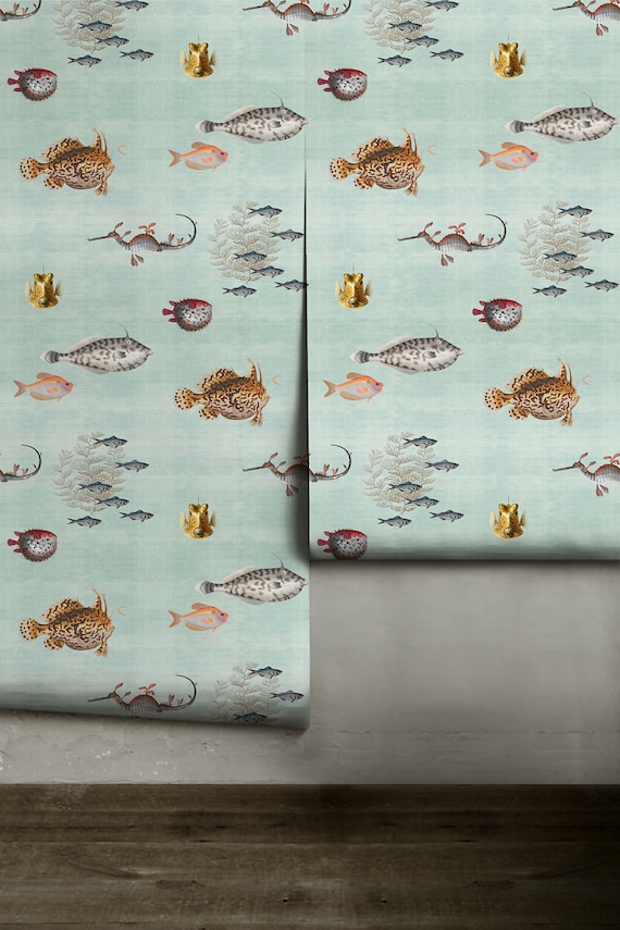 Curious Fish Removable | Neutral Green | Peel 'n Stick or Traditional Wallpaper | Custom Colors | Made in the USA • Vinyl-Free •  Non-toxic