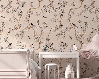 Avignon Chinoiserie | Blush | Peel 'n Stick or PrePasted Wallpaper Removable • Tissue Pink •  Non-toxic