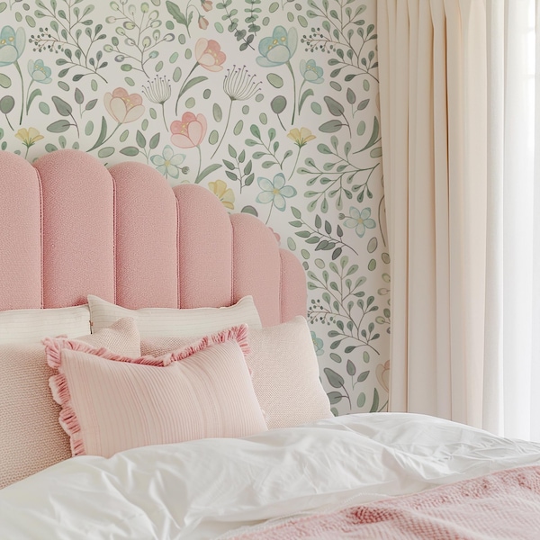 Posie Watercolor Floral Mural || Traditional or Removable Wallpaper • Vinyl-Free •  Non-toxic