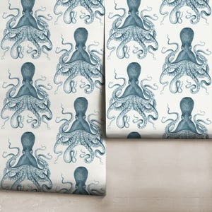 Octopus Indigo Peel 'n Stick Wallpaper or Traditional Wallpaper Custom Colors Made in the USA Vinyl-Free Non-toxic image 2
