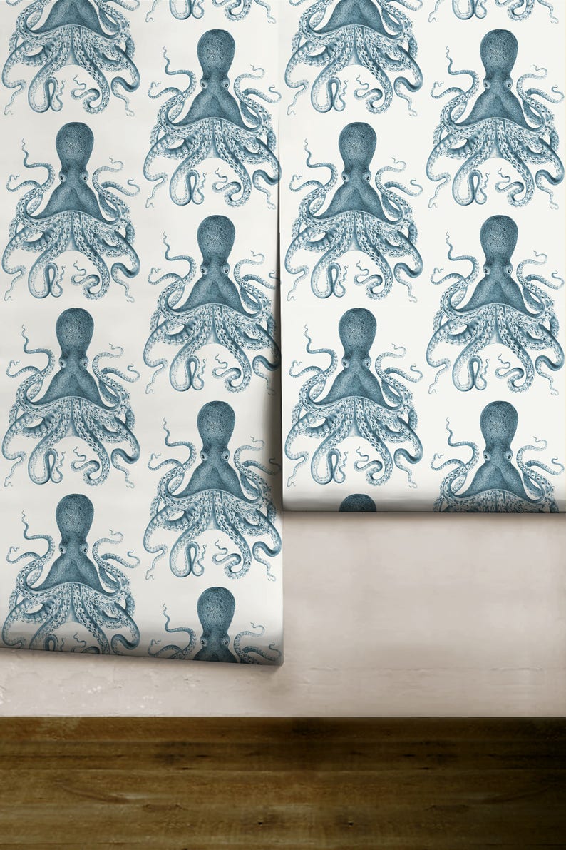 Octopus Indigo Peel 'n Stick Wallpaper or Traditional Wallpaper Custom Colors Made in the USA Vinyl-Free Non-toxic image 2