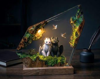 Toothless & Light Fury Dragon Resin Lamp, Night Fury Love Ambient Glow, Fantasy Room Decor, Gift Idea
