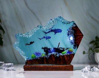 Whale Shark Resin Night Light: Handmade Ocean Diorama Lamp