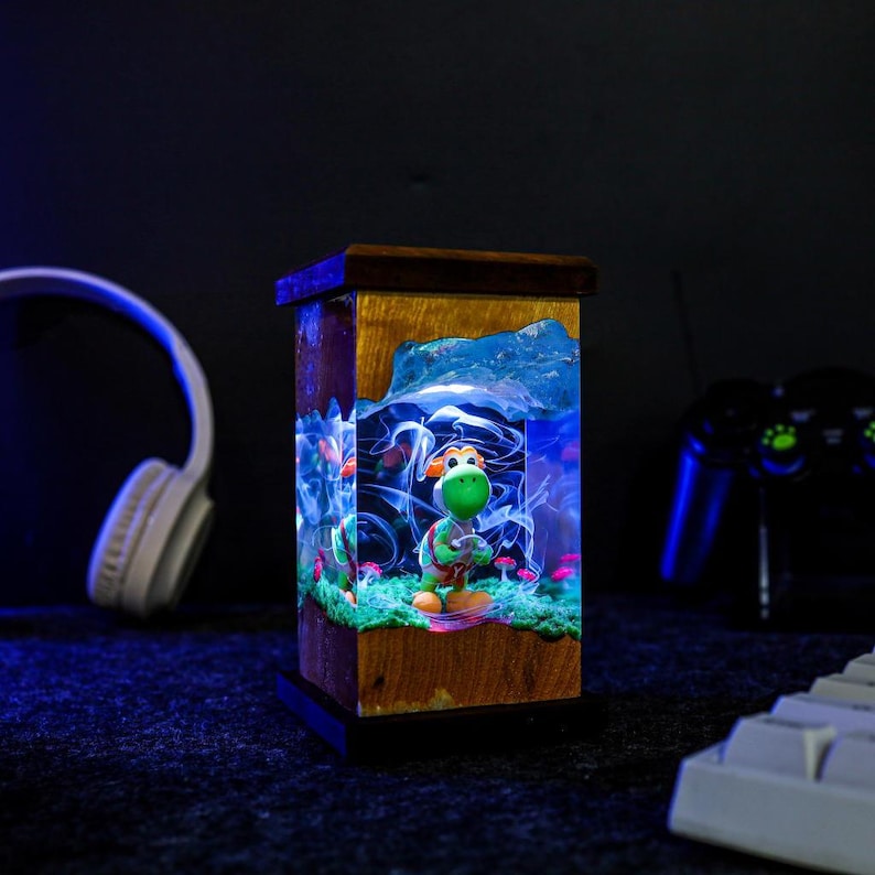Luce notturna Super Mario Yoshi, lampada in resina epossidica fatta a mano, regalo anime per lui, scatola luminosa realizzata a mano immagine 2