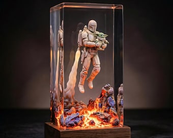 Lámpara de resina Mandalorian y Grogu, dúo de Star Wars con luz ambiental, decoración de ciencia ficción para habitaciones, idea de regalo.