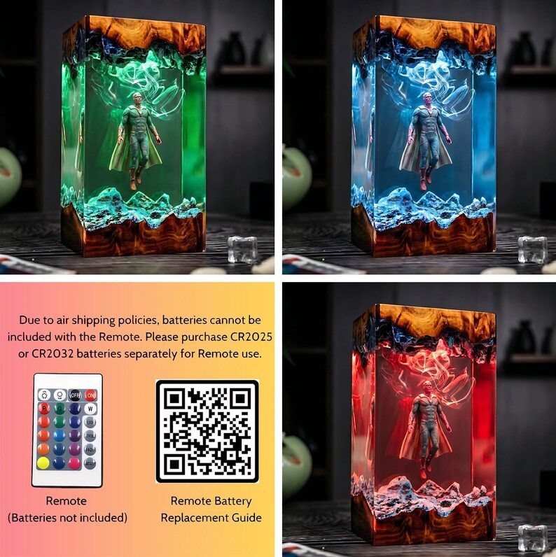 May include: A rectangular resin lamp featuring a superhero figure, with a wooden base and top. The lamp's interior glows with green, blue, and red light. The image also includes a remote control and a QR code.