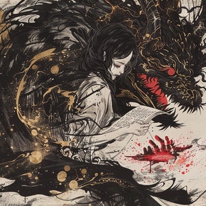 May include: A black and gold dragon with a red mouth and a red eye is wrapped around a woman with long black hair. She is reading a book with a bloody handprint on it. The background is a light beige with black and gold splatters.