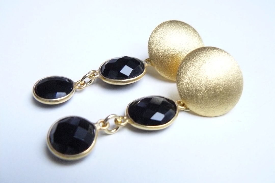 Stud Earrings 925 Silver Gold Plated, Onyx - Etsy