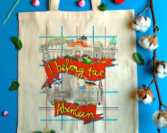 I Belong Tae Aberdeen Tote Bag, Illustrated Cotton Shopper Bag for a Proud Aberdonian!