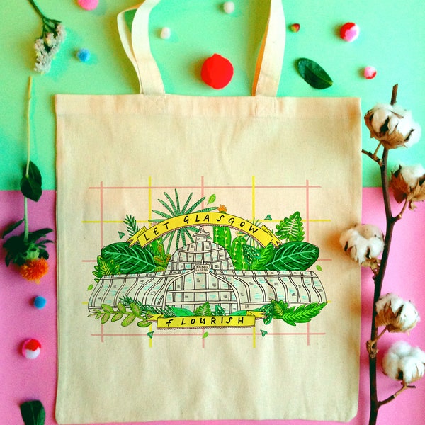 LET GLASGOW FLOURISH Tote Bag, een katoenen boodschappentas met illustratie voor een trotse inwoner van Glasgow!