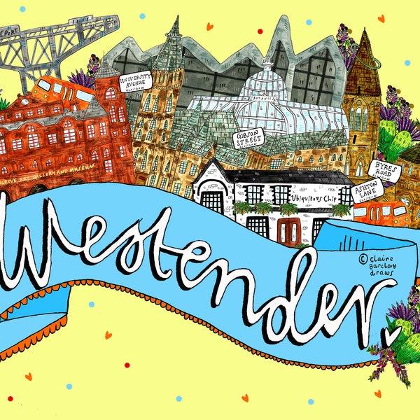 WestEnder Art Print, West End of Glasgow Landmarks Illustration Print