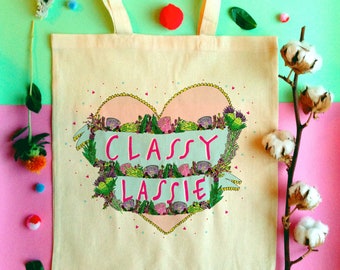 Classy Lassie Heart Tote Bag, Illustrated Cotton Shopper Bag for a Classy Gal!