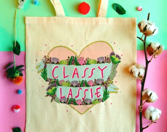 Classy Lassie Heart Tote Bag, Illustrated Cotton Shopper Bag for a Classy Gal!