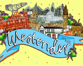 WestEnder Art Print, West End of Glasgow Landmarks Illustration Print