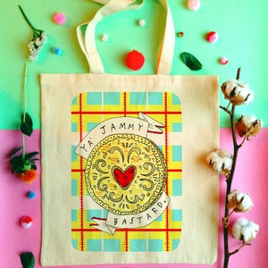 ¡Ya Jammy Bastardo! Bolso tote ilustrado, bolsa de comprador de algodón humor escocés imagen 1