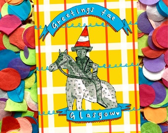 Greetings Fae Glasgow Card, Duke of Wellington Cone Hat Card, Blank for all Occasions