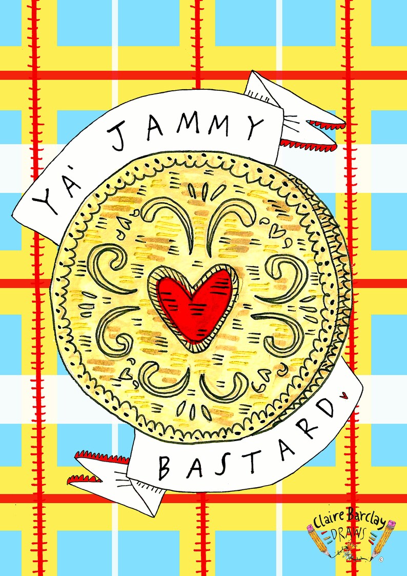 Puede incluir: Una ilustraci&oacute;n dibujada a mano de una galleta con un coraz&oacute;n rojo en el centro. La galleta est&aacute; rodeada de una pancarta blanca con el texto "Ya' Jammy Bastard" en negro.