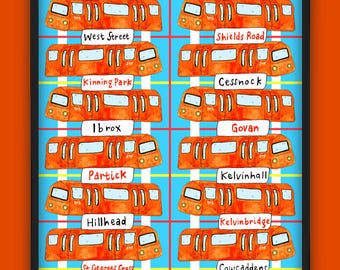 May include: A colorful illustration of a subway map with the names of different stops in Glasgow, Scotland. The map is designed to look like a subway car with orange and blue colors.