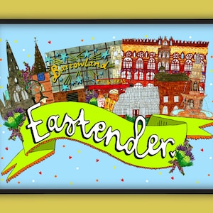 Eastender Art Print, East End of Glasgow Landmarks Illustration Print