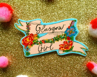 GLASGOW GIRL Illustrated Brooch, Floral Cute Girly Pin Badge, Quirky Scottish Gift