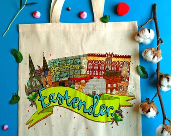 Eastender East End of Glasgow Landmarks Tote Bag, Illustrated Cotton Shopper Bag for a Proud East Ender!