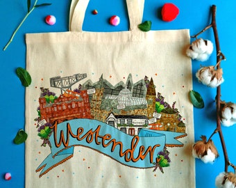 Westender West End of Glasgow Landmarks Tote Bag, Illustrated Cotton Shopper Bag for a Proud West Ender!