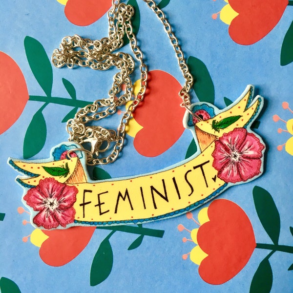 FEMINIST Banner Necklace, Cute Floral Necklace, Illustrated Necklace, Quirky Original Gift Idea