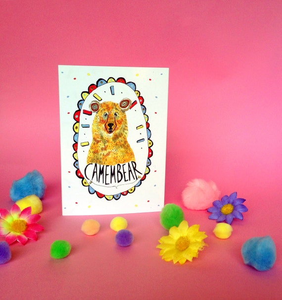 CAMEMBEAR Greetings Card, Fun Cheese Pun Typography, Cute Bear Card,  Blank for all Occassions