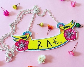 Personalised Name Banner Necklace, Cute Floral Necklace With Custom Text, Illustrated Necklace, Quirky Original Gift Idea