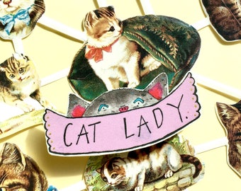 Cat Lady Illustrated Brooch, Quirky Cute Cat Handmade Jewellery, Brooch with Plastic Charm, Cat Illustration, Cat Pin Badge