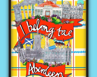 Pode incluir: Uma ilustração colorida de marcos de Aberdeen, na Escócia, com uma faixa vermelha que diz "Eu pertenço a Aberdeen". A ilustração está sobre um fundo de xadrez amarelo e azul.