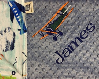 Royal Blue Airplane Pilot Nursery Soft Plush Minky Baby Blanket Child or Adult Throw Custom Personalization Optional