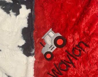 Luxe Farm Cow Print Tractor Nursery Soft Plush Minky Baby Blanket or Adult Throw Custom Personalization Optional