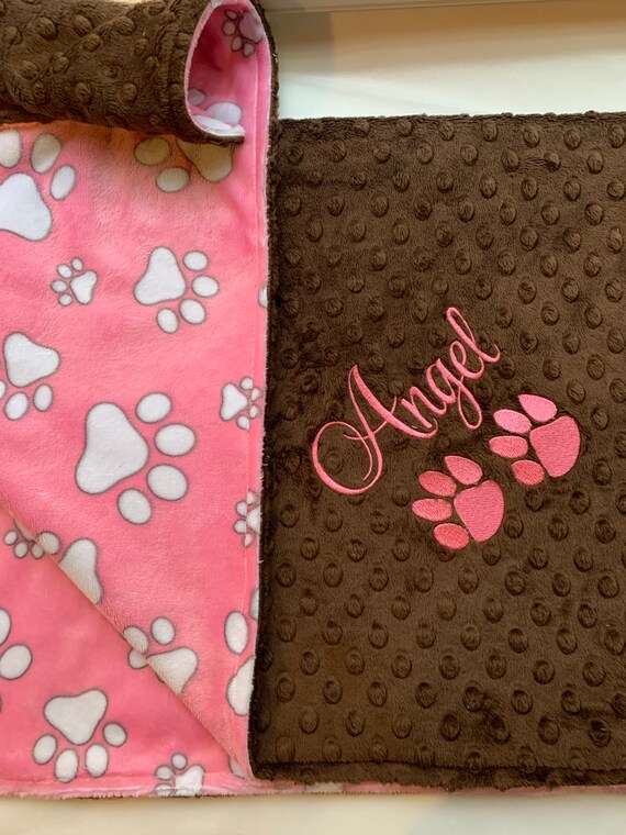 Personalized Pet Blanket Pink Paw Print on Brown Puppy Blanket Etsy
