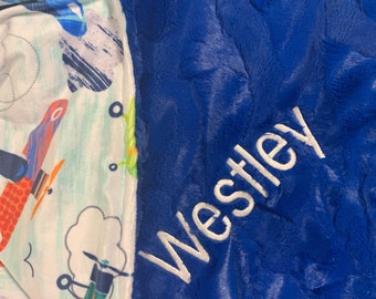 Royal Blue Airplane Pilot Nursery Soft Plush Minky Baby Blanket Child or Adult Throw Custom Personalization Optional