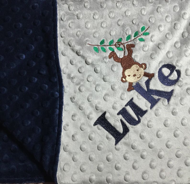 Monkey Baby Blanket Monkey Nursery Theme Monkey Toddler Blanket Navy Gray Baby Blanket Monkey Nursery Personalized MInky Adult Blanket